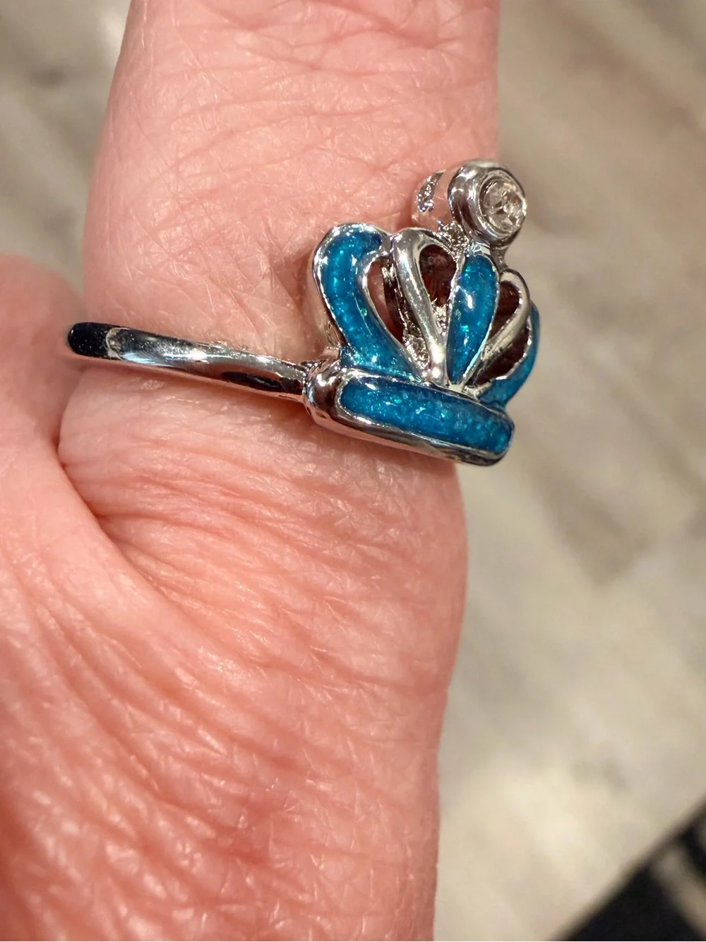 Silver Crown Ring with Teal Blue Enamel accent size 9